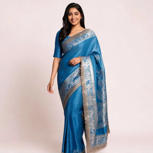 Gulab_Border_Banarasi_Tissue_Silk_Saree_Blue
