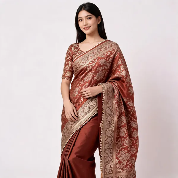 Premium_Banarasi_Silk_Saree_With_Heavy_Zari_Border_Pearl_Lace_Work_Rust_Brown