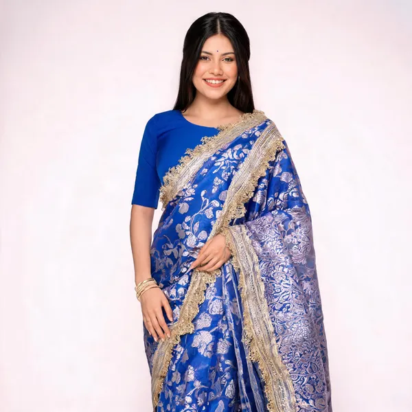 Gulab_Jaal_Mirror_Work_Banarasi_Saree_With_Heavy_Lace_Border_Navy