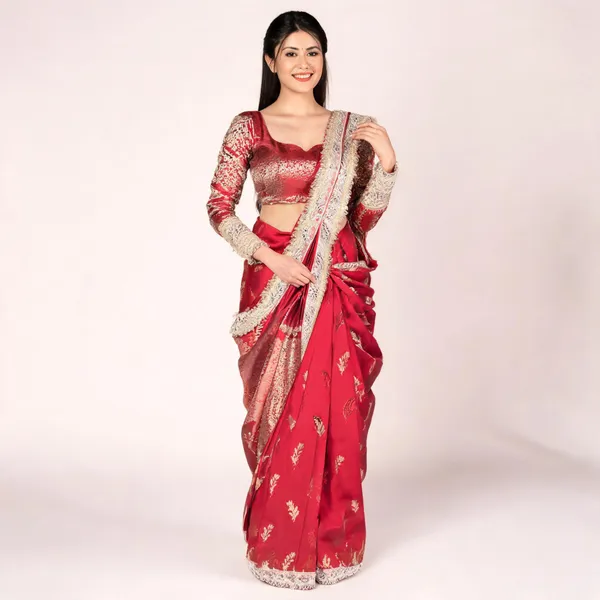 Meenakari_Katan_Silk_Sare_With_Heavy_Lace_Border_Red