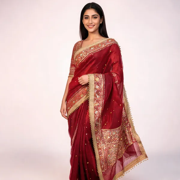 Viral_Banarasi_Soft_Tissue_Silk_Ghunghroo_Saree_With_Heavy_Lace_Attached_Maroon