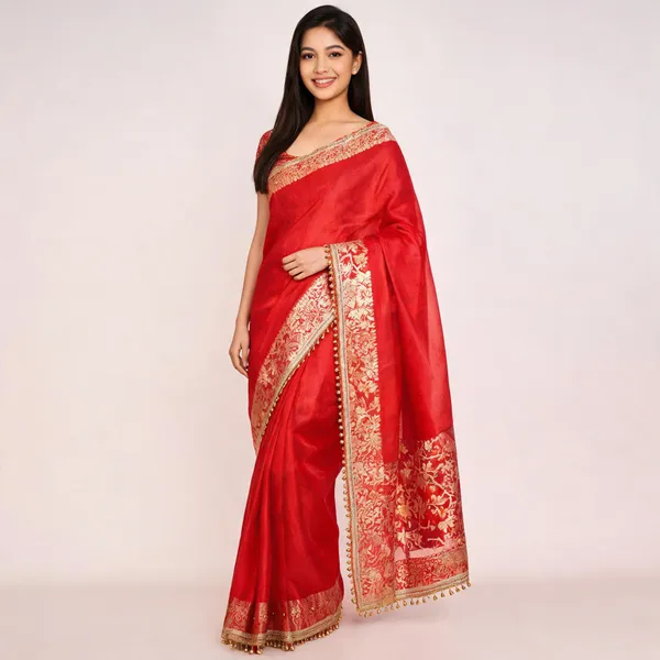 Banarasi_Tissue_Silk_Saree_With_Zari_Border_Ghungroo_Lace_Viral_Ghungroo_Saree_Red