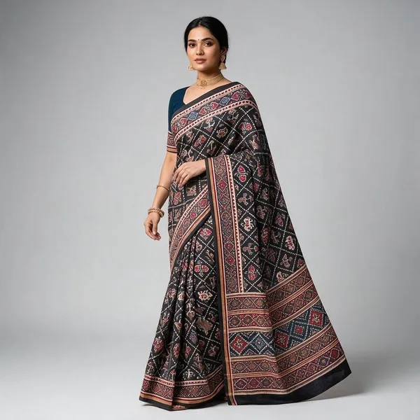 Black__Pure_Cotton_Saree_With_Attached_Blouse_For_Women
