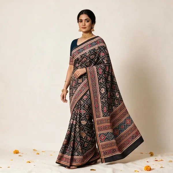 Black__Pure_Cotton_Saree_With_Attached_Blouse_For_Women