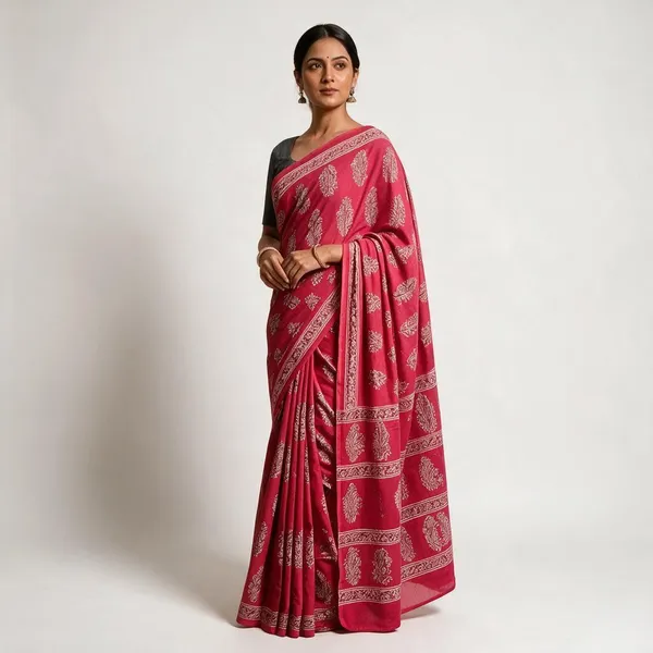 Red_Pure_Cotton_Saree_With_Attached_Blouse_For_Women