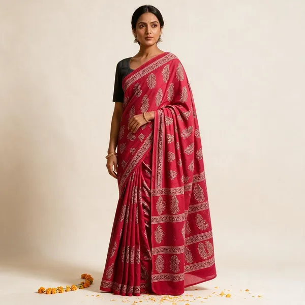 Red_Pure_Cotton_Saree_With_Attached_Blouse_For_Women