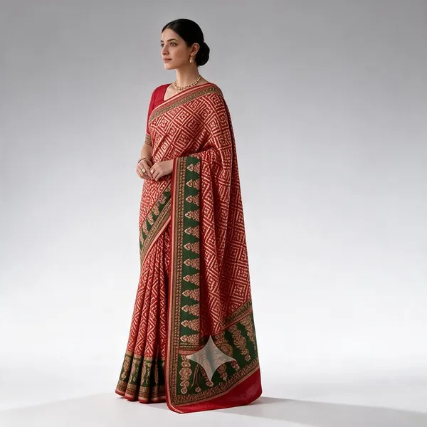 Red_Pure_Cotton_Saree_With_Attached_Blouse_For_Women