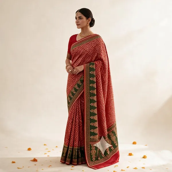 Red_Pure_Cotton_Saree_With_Attached_Blouse_For_Women