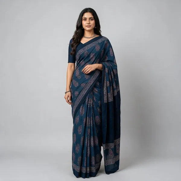 Blue_Pure_Cotton_Saree_With_Attached_Blouse_For_Women