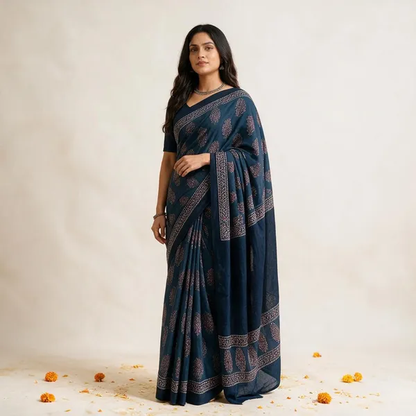 Blue_Pure_Cotton_Saree_With_Attached_Blouse_For_Women