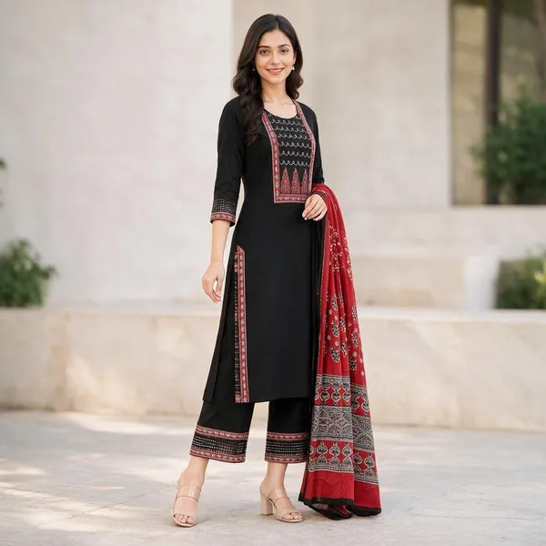 Black_Pure_Cotton_Kurta_Set_3_Piece_For_Women