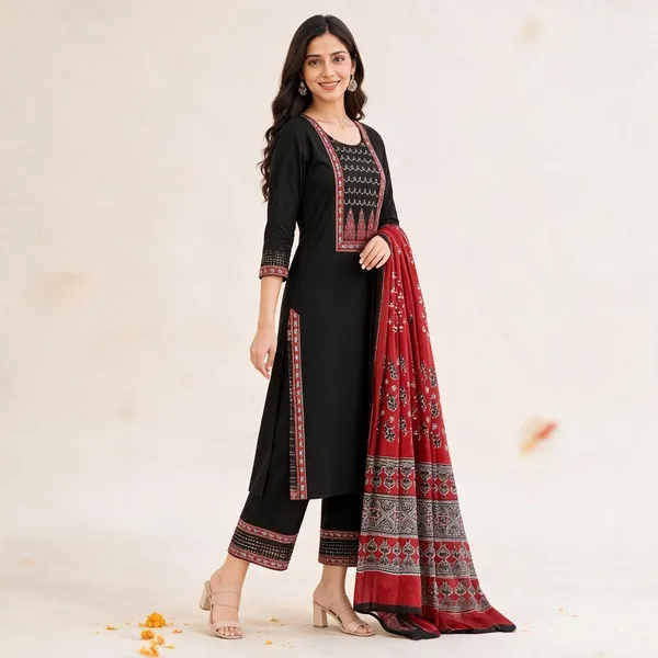 Black_Pure_Cotton_Kurta_Set_3_Piece_For_Women