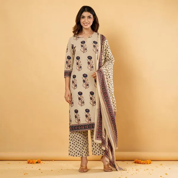 Brown_Pure_Cotton_Kurta_Set_3_Piece_For_Women