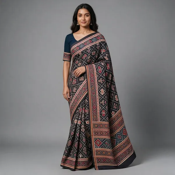 Black_Pure_Cotton_Saree_With_Attached_Blouse_For_Women
