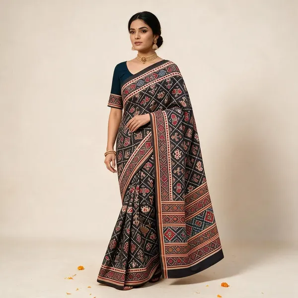 Black_Pure_Cotton_Saree_With_Attached_Blouse_For_Women