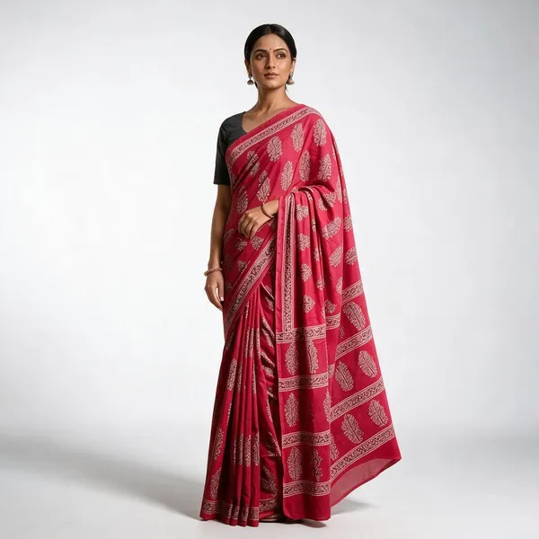Red_Pure_Cotton_Saree_With_Attached_Blouse_For_Women