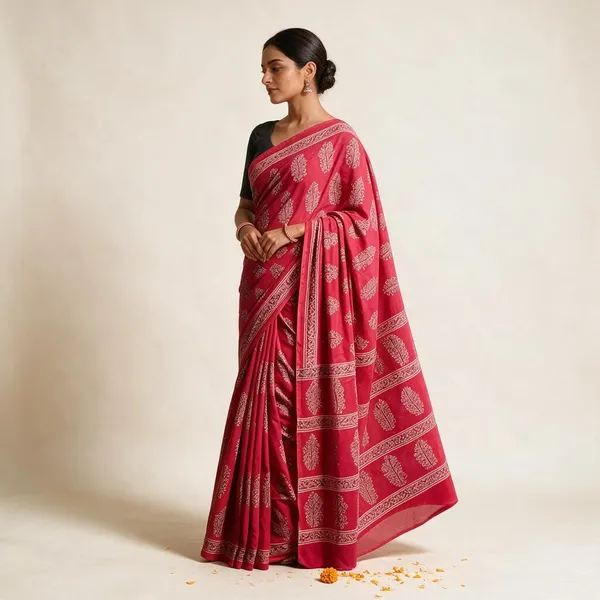 Red_Pure_Cotton_Saree_With_Attached_Blouse_For_Women