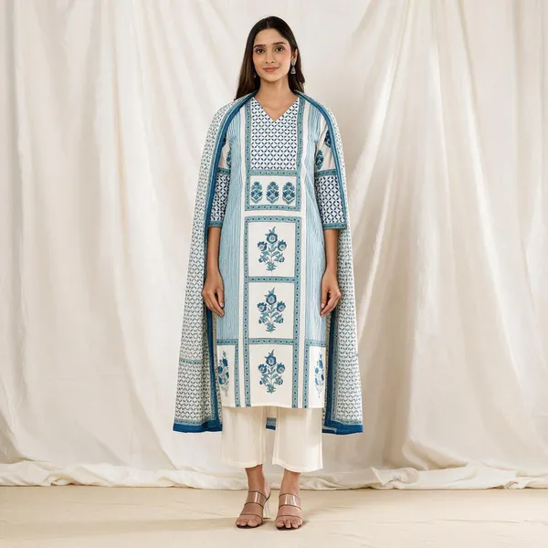 White_And_Sky_Blue_Pure_Cotton_Kurta_Set_3_Piece_For_Women