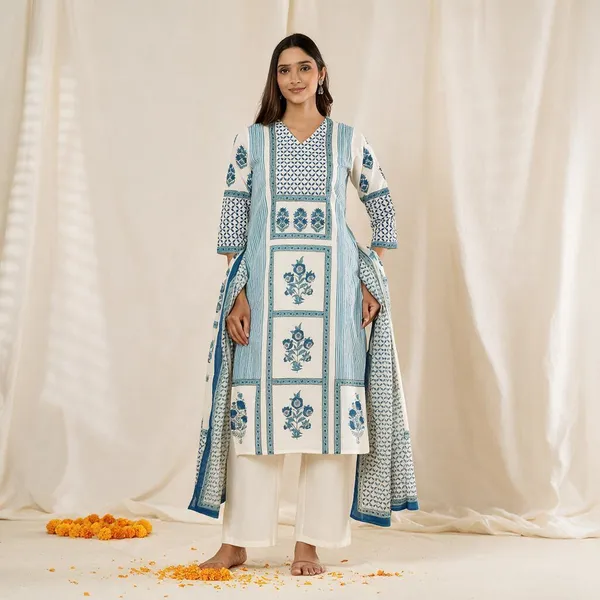 White_And_Sky_Blue_Pure_Cotton_Kurta_Set_3_Piece_For_Women