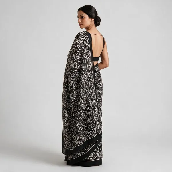 Black_Pure_Cotton_Saree_With_Attached_Blouse_For_Women