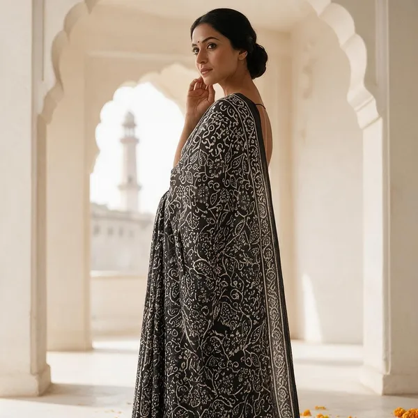Black_Pure_Cotton_Saree_With_Attached_Blouse_For_Women