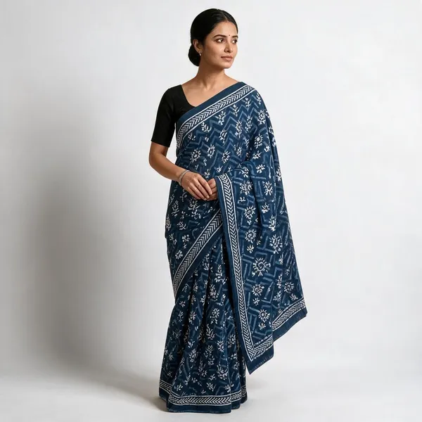 Blue_Pure_Cotton_Saree_With_Attached_Blouse_For_Women