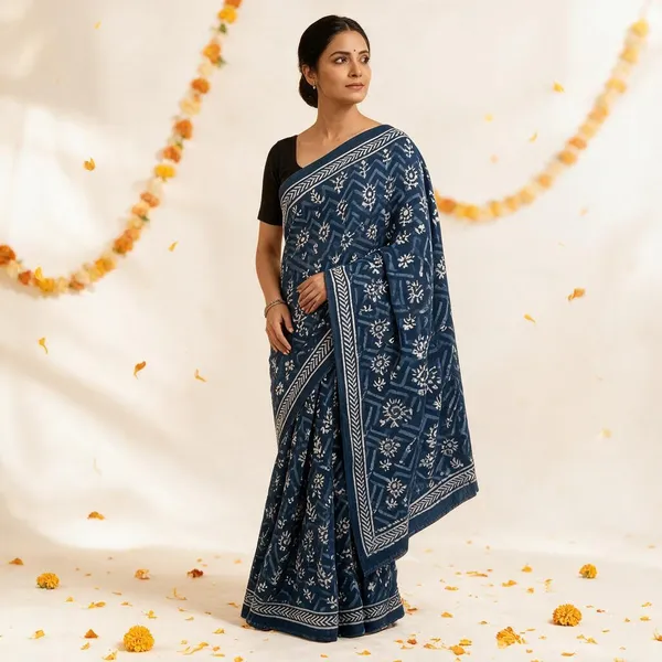 Blue_Pure_Cotton_Saree_With_Attached_Blouse_For_Women