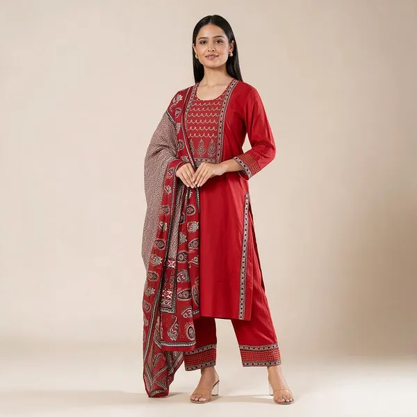 Red_Pure_Cotton_Kurta_Set_3_Piece_For_Women