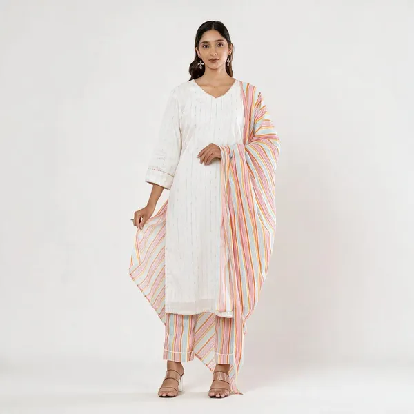White_And_Pink_Pure_Cotton_Kurta_Set_3_Piece_For_Women