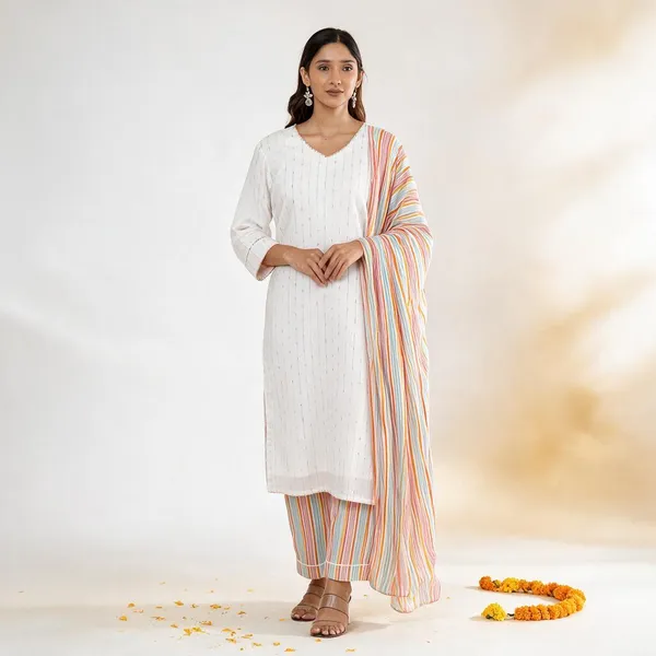 White_And_Pink_Pure_Cotton_Kurta_Set_3_Piece_For_Women