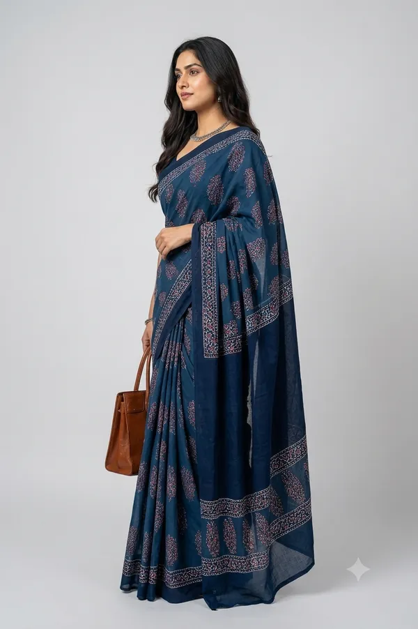 Blue_Pure_Cotton_Saree_With_Attached_Blouse_For_Women