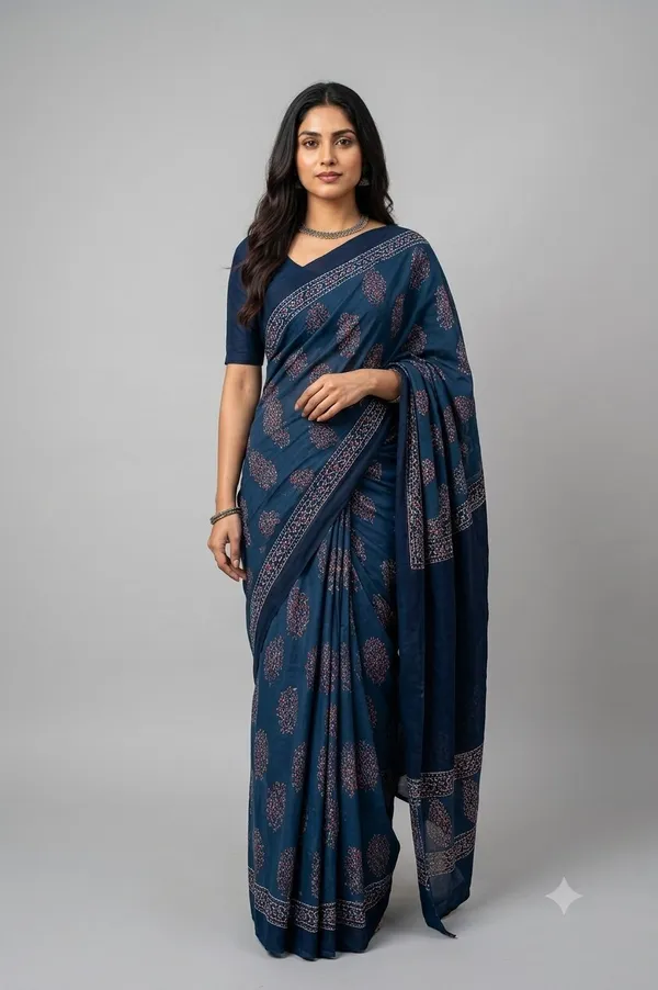 Blue_Pure_Cotton_Saree_With_Attached_Blouse_For_Women