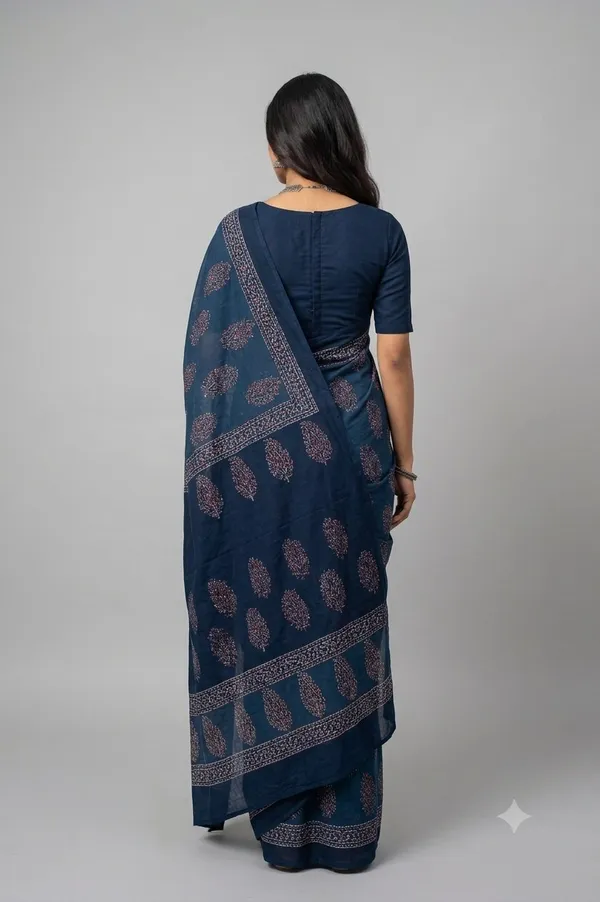 Blue_Pure_Cotton_Saree_With_Attached_Blouse_For_Women