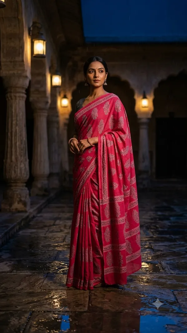 Red_Pure_Cotton_Saree_With_Attached_Blouse_For_Women