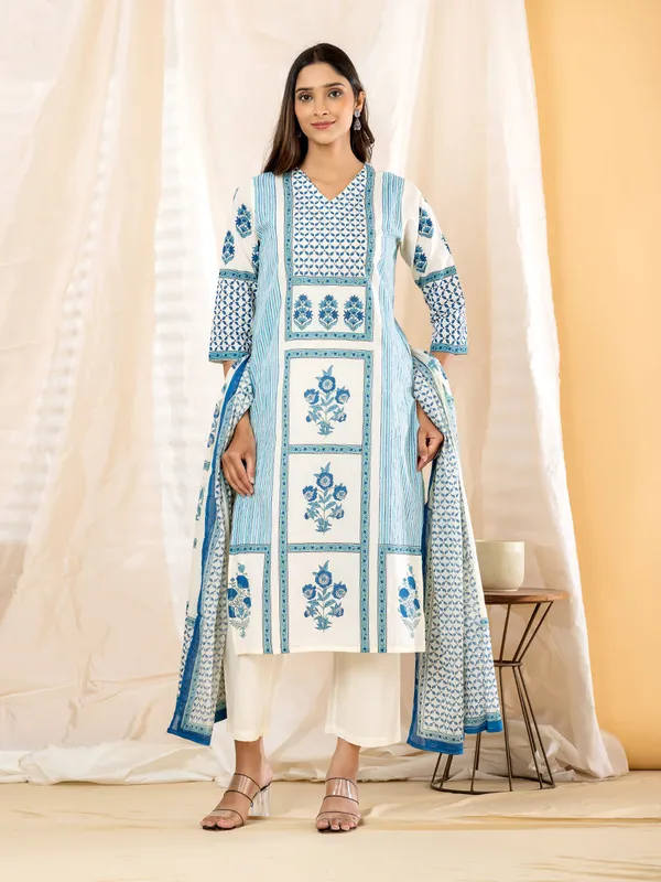 White_And_Sky_Blue_Pure_Cotton_Kurta_Set_3_Piece_For_Women