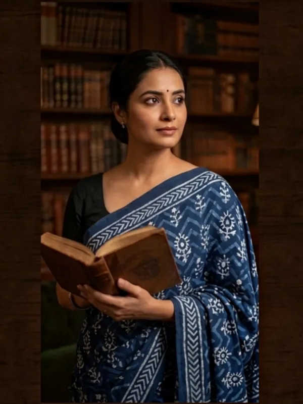 Blue_Pure_Cotton_Saree_With_Attached_Blouse_For_Women