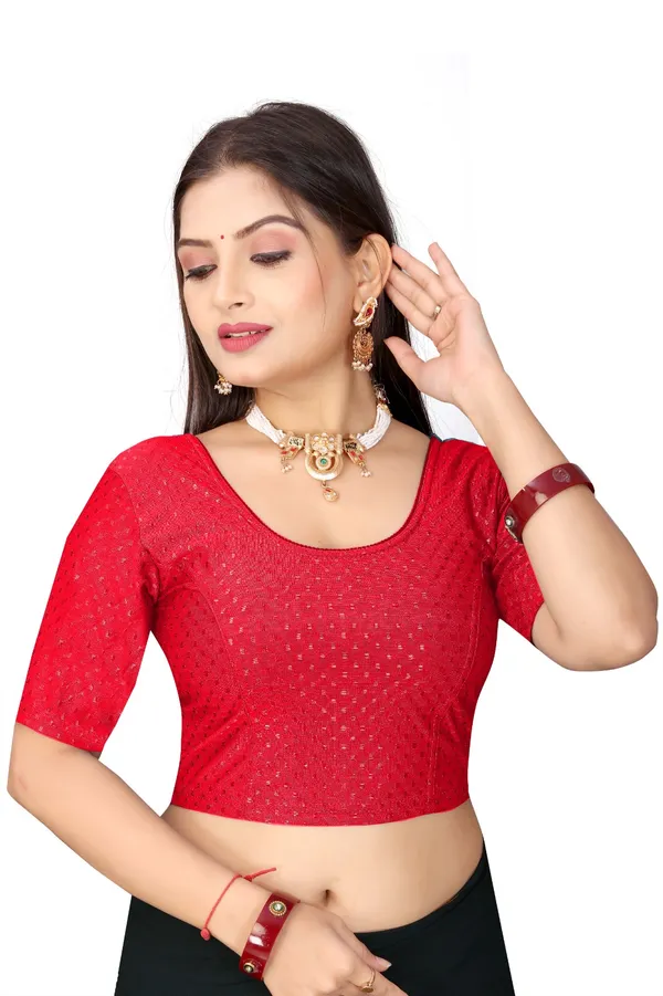 Red_Cotton_Blend_Fitted_Textured_Saree_Blouse_For_Women