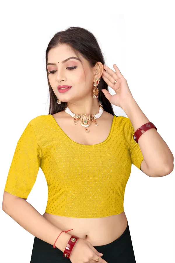 Yellow_Cotton_Blend_Fitted_Textured_Saree_Blouse_For_Women