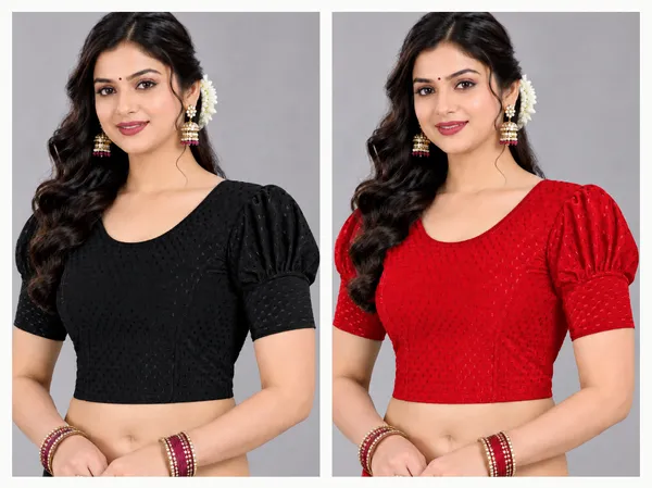 Black_And_Red_Cotton-Polyester_Puff_Sleeve_Blouse_For_Women_Pack_Of_2