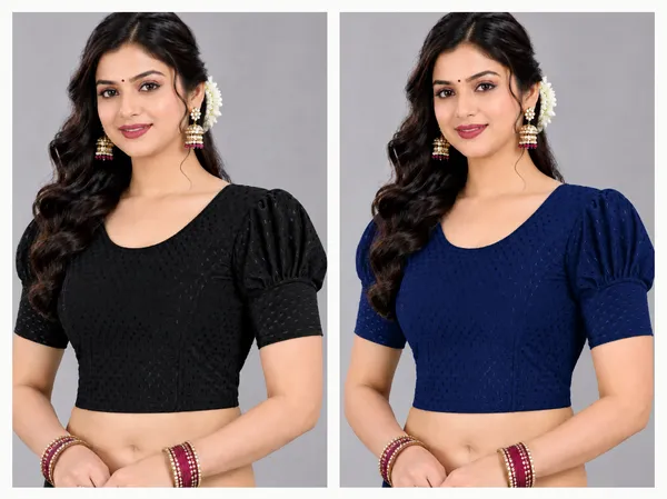 Black_And_Navy_Blue_Cotton-Polyester_Puff_Sleeve_Blouse_For_Women_Pack_Of_2