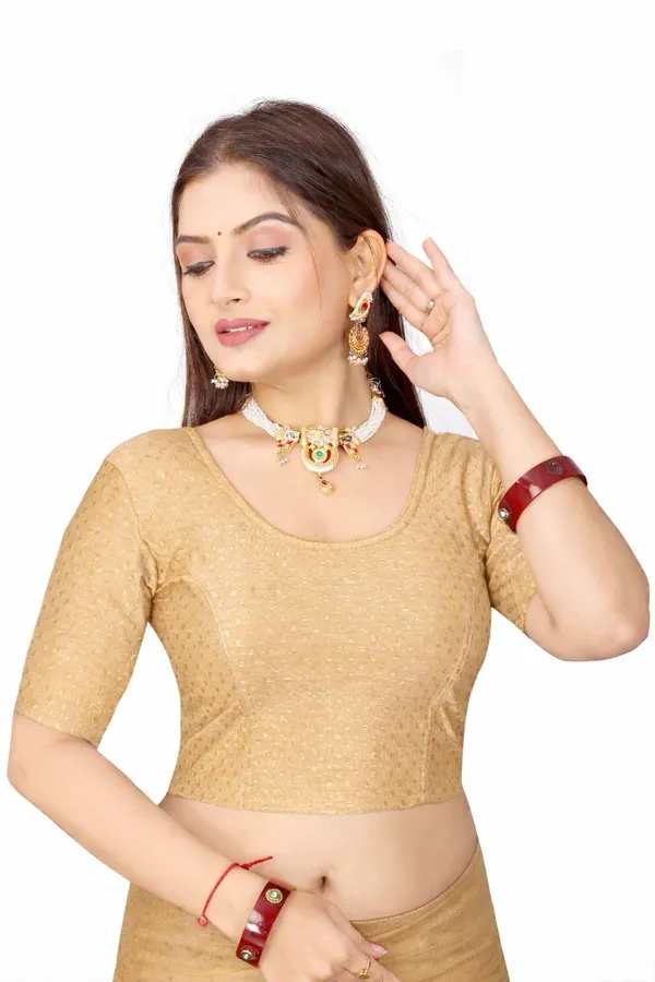 Beige_Cotton_Blend_Fitted_Textured_Short_Sleeve_Saree_Blouse_For_Women