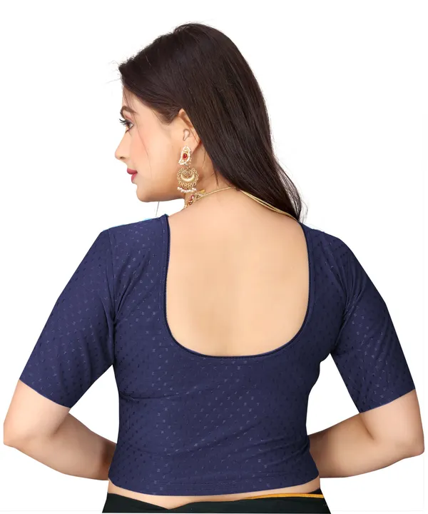 Navy_Blue_Cotton_Blend_Fitted_Textured_Elbow_Sleeve_Blouse_For_Women