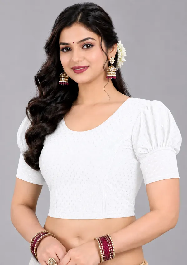 White_Cotton-Polyester_Puff_Sleeve_Cropped_Blouse_For_Women