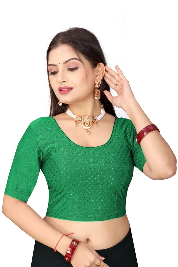 Green_Cotton_Blend_Fitted_Textured_Short_Sleeve_Blouse_For_Women