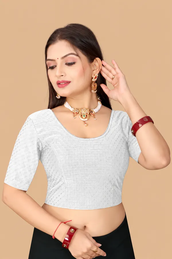 White_Cotton_Blend_Fitted_Textured_Saree_Blouse_For_Women