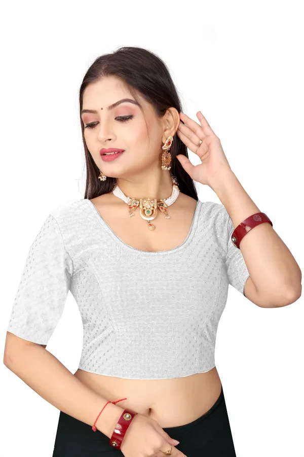 White_Cotton_Blend_Fitted_Textured_Saree_Blouse_For_Women