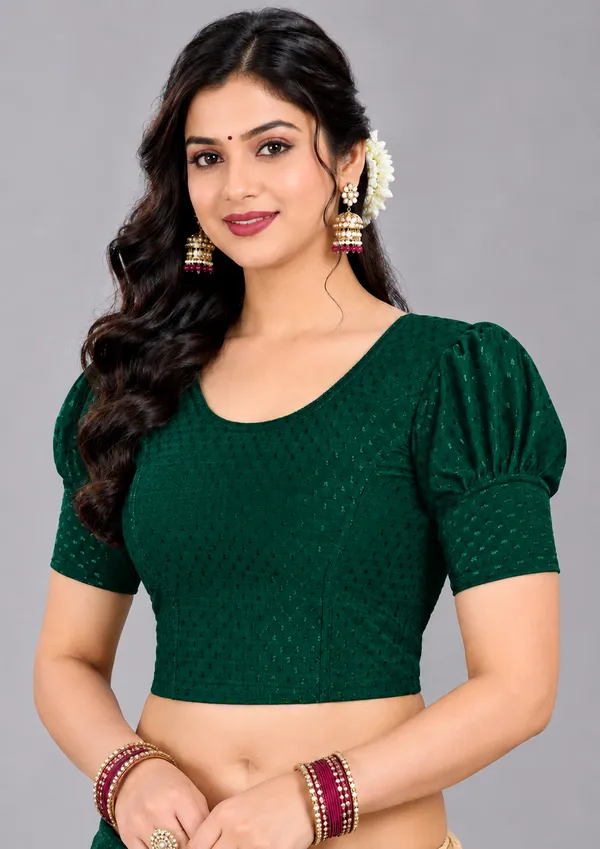 Green_Cotton-Polyester_Puff_Sleeve_Cropped_Blouse_For_Women