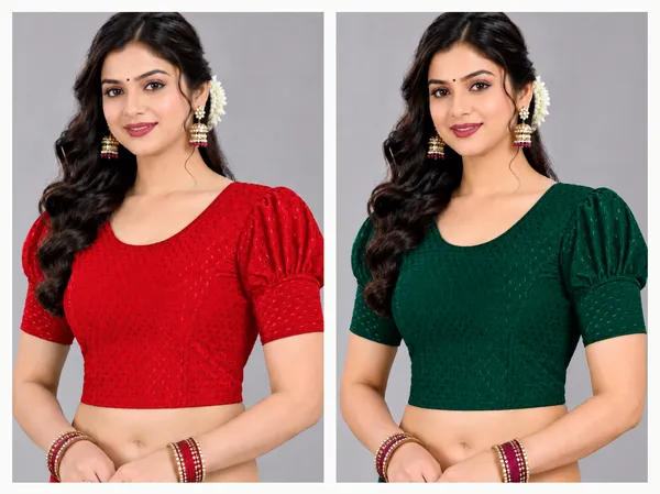 Red_And_Green_Cotton-Polyester_Puff_Sleeve_Blouse_For_Women_Pack_Of_2