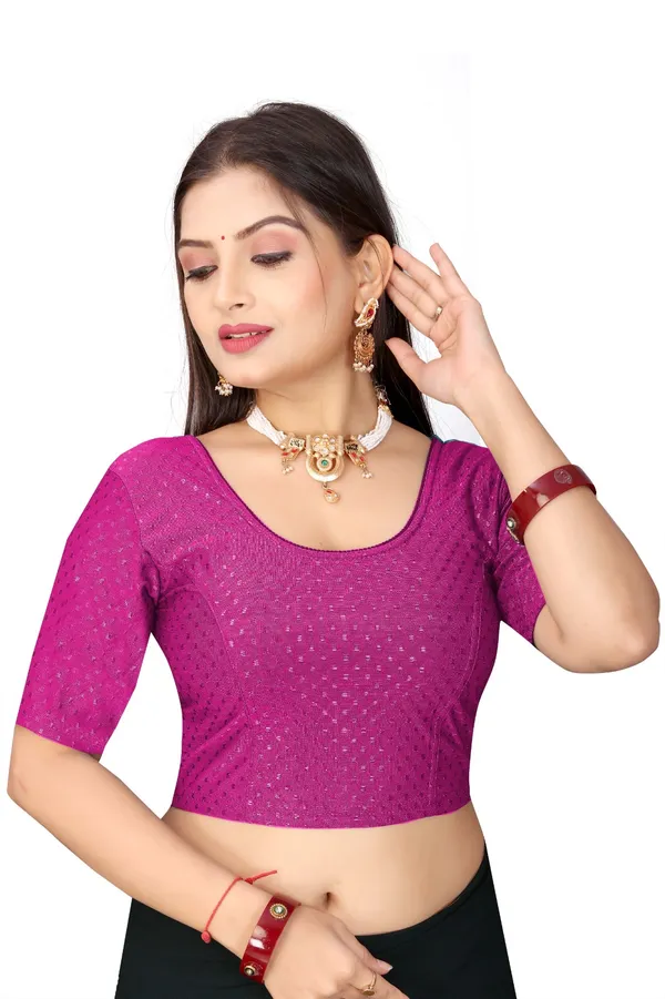 Magenta_Cotton_Blend_Fitted_Textured_Short_Sleeve_Blouse_For_Women