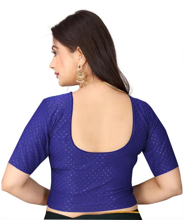 Blue_Cotton_Blend_Fitted_Textured_Short_Sleeve_Blouse_For_Women